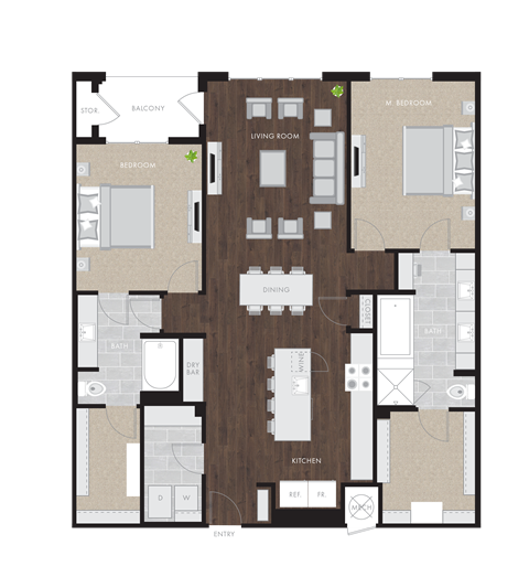 Floor plan for 2 beds, 2 baths, 1609 sqft